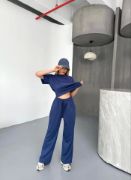Osy Modal Yumuşak Dokulu Kumaş Kısa Kollu Bluz Rahat Pantalon Ikili Takım- Lacivert resmi